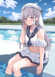  :o anchor_print bare_shoulders blush bow commentary_request crop_top detached_sleeves female frilled_shirt frilled_skirt frills grey_hair hair_ornament hairbow hairclip hat highres long_hair looking_at_viewer navel original outdoors poolside purple_eyes rasahan revision sailor_collar shirt sitting skirt solo swimsuit wading white_hat white_shirt white_skirt 