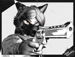  3d_(artwork) 4:3 anthro biped blender_(artwork) canid canine canis clothed clothing digital_media_(artwork) domestic_dog female german_shepherd gun hair handgun herding_dog hi_res holding_gun holding_object holding_ranged_weapon holding_weapon leslie_rochester(rosecreates) looking_at_viewer mammal monochrome noir pastoral_dog ranged_weapon revolver rosecreates simple_background solo topwear weapon white_background 