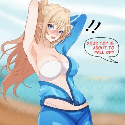  ! !! absurdres armpits arms_up bandeau beach bianka_durandal_ataegina bikini blonde_hair blue_eyes blue_jacket blue_pants blue_sky blush breasts cleavage day english_commentary female hair_between_eyes highres honkai_(series) honkai_impact_3rd jacket large_breasts long_hair long_sleeves looking_at_viewer nose_blush open_mouth outdoors pants ponytail quelang single_bare_shoulder sky solo speech_bubble strapless strapless_bikini swimsuit upper_body very_long_hair white_bikini 