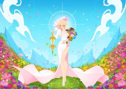  adapted_costume blonde_hair blue_flower blue_sky bouquet breasts commentary day dress emilie_(genshin_impact) emilie_(guerlain)_(genshin_impact) english_commentary falling_petals female ffluvy field flower flower_field full_body genshin_impact glasses hand_up hat highres holding holding_bouquet long_sleeves looking_at_viewer medium_breasts multicolored_clothes multicolored_dress multicolored_hair official_alternate_costume orange_flower outdoors petals pink_dress pink_flower pink_footwear pink_hair pink_hat purple_flower red_eyes red_flower semi-rimless_eyewear sky solo standing white_dress yellow_flower 