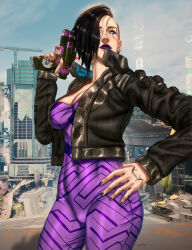  asymmetrical_hair black_hair black_jacket black_nails blue_eyes blue_sky bodysuit breasts city cleavage cropped_jacket cyberpunk cyberpunk_(series) cyberpunk_2077 day eyebrow_piercing female gun hair_over_one_eye hand_on_own_hip handgun highres holding holding_gun holding_weapon jacket large_breasts looking_to_the_side open_clothes open_jacket outdoors piercing purple_bodysuit purple_lips sidecut sky solo ultamisia undercut v_(cyberpunk) valerie_(cyberpunk) weapon 