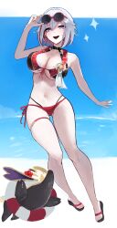  :d absurdres bare_shoulders bikini black_bikini breasts female flip-flops grey_hair hair_ornament highres honkai:_star_rail honkai_(series) large_breasts lifebuoy looking_at_viewer multicolored_hair navel numby_(honkai:_star_rail) open_mouth purple_eyes red_hair sandals sanshoku_dango_(ahxf3842) short_hair smile stomach streaked_hair swim_ring swimsuit thigh_strap thighs topaz_(honkai:_star_rail) trotter_(honkai:_star_rail) 