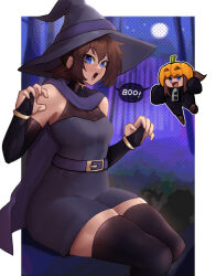  a_hat_in_time black_gloves black_thighhighs blue_eyes blush breasts brown_hair cape chibi elbow_gloves female fingerless_gloves gloves halloween hannesfkr hat hat_kid highres jack-o&#039;-lantern looking_at_viewer open_mouth purple_cape short_hair short_ponytail sitting small_breasts smile solo thick_thighs thighhighs thighs witch_hat 