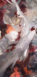  abstract_background absurdres arms_up bird_wings bleeding blonde_hair blood blood_from_mouth blood_on_chest blood_on_face blood_on_hands breasts chimera commentary dungeon_meshi english_commentary expressionless falin_touden falin_touden_(chimera) feathered_wings feathers female highres kurage_(nai_chuanqi) monster_girl multicolored_background multiple_wings parted_lips short_hair slit_pupils solo spoilers taur underboob wings yellow_eyes 