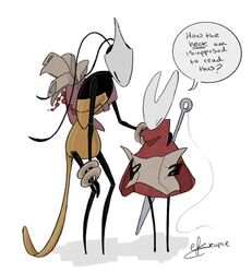  2024 2_horns antennae_(anatomy) arthropod artist_name bag black_arms black_body black_eyes black_hands black_legs black_text bracelet clothed clothing dialogue digital_media_(artwork) duo ekkopiee english_text female fingers hand_on_shoulder hi_res hollow_knight hollow_knight:_silksong horn hornet_(hollow_knight) jewelry larger_female looking_at_object map melee_weapon nail_(weapon) question_mark shadow shakra_(hollow_knight:_silksong) silk size_difference smaller_female speech_bubble standing sword sword_on_back tail team_cherry text weapon weapon_on_back 