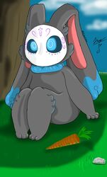  2023 anthro blue_eyes carrot colored_tips elchuydra female food fur glowing glowing_eyes grass grey_body grey_fur hi_res lagomorph leporid mammal mask neck_tuft paws plant rabbit signature sitting sitting_on_ground solo tochtli tree tuft under_tree vegetable 