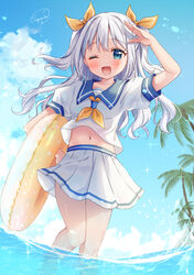  ;d anchor_print blue_eyes blue_sailor_collar blue_shirt blue_sky borrowed_character bow cloud commission cumulonimbus_cloud day dot_nose female floating_clothes floating_hair grey_hair hair_between_eyes hair_intakes hairbow hand_up highres holding inflatable_raft light_blush light_particles long_hair midriff navel neckerchief ocean one_eye_closed original palm_tree petite pleated_skirt puffy_short_sleeves puffy_sleeves sailor_collar school_uniform serafuku shading_eyes shirt short_sleeves sidelocks signature skeb_commission skirt sky smile sparkle standing standing_on_one_leg sugutsuka_rerun tareme tree two_side_up wading wavy_hair white_skirt yellow_bow yellow_neckerchief 