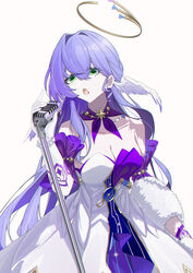  absurdres bare_shoulders blue_hair breasts cleavage collar commentary_request dress feather_boa female gloves green_eyes hair_between_eyes hair_intakes halo head_wings highres holding holding_microphone honkai:_star_rail honkai_(series) jewel_under_eye large_breasts lilin_(pixiv_25958194) looking_at_viewer microphone microphone_stand music musical_note_ornament open_mouth purple_collar robin_(honkai:_star_rail) simple_background singing solo upper_body white_background white_dress white_gloves wings 