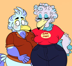  2017 5_fingers age_difference anthro avian beak beastofeuthanasia bird black_eyebrows black_tipped_beak blue_body blue_bottomwear blue_clothing blue_eyeshadow blue_feathers blue_hair blue_pants blush bottomwear breasts brown_dress_shirt button_(fastener) chest_tuft closed_eyes clothed clothing curled_hair digital_drawing_(artwork) digital_media_(artwork) duo embarrassed english_text eyebrows eyelashes eyeshadow feather_hair feathers female fingers flat_colors grey_body grey_feathers hair hand_on_hip hands_behind_back highlights_(coloring) larger_female lucas&#039;_mother lucas_(beastofeuthanasia) makeup male mature_anthro mature_female moobs mother_(lore) mother_and_child_(lore) mother_and_son_(lore) older_female open_beak open_mouth orange_background overweight overweight_anthro overweight_male pants pantsless pantsless_anthro pantsless_male parent_(lore) parent_and_child_(lore) parent_and_son_(lore) pink_tongue pockets pseudo_hair purple_body purple_feathers red_clothing red_shirt red_t-shirt red_topwear shirt short_hair short_tail simple_background size_difference smaller_male smile son_(lore) standing stork t-shirt tail tail_feathers text text_on_clothing thick_thighs thin_eyebrows tongue topwear tucked_shirt tuft wide_hips yellow_beak younger_male 