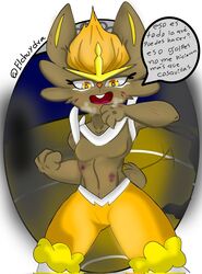  2023 anthro breasts breath brown_body brown_fur bruised cinderace clothed clothing dialogue elchuydra featureless_breasts female fight fighting_pose fur generation_8_pokemon hi_res looking_at_viewer nintendo pokemon pokemon_(species) pose scratches signature small_breasts solo spanish_text speech_bubble text translated wounded yellow_eyes 