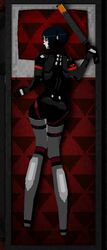  3d android apnoiac ass baton_(weapon) blue_hair bob_cut choppy_bangs commentary cyberpunk dakimakura_(medium) english_commentary eyeliner female head_on_pillow highres holding holding_baton_(weapon) holding_weapon knees_together_feet_apart looking_at_viewer low_poly lying makeup mechanical_arms mechanical_legs on_bed on_stomach pillow red_eyeliner science_fiction short_hair sierpinski_triangle signalis star_(signalis) tall_female weapon 