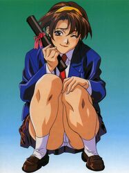  1990s_(style) aqua_background brown_hair diploma female gradient_background hairband highres necktie non-web_source official_art one_eye_closed panties pantyshot retro_artstyle short_hair solo squatting takiguchi_shouko tears underwear yamada_masaki zenkoku_seifuku_bishoujo_grand_prix 