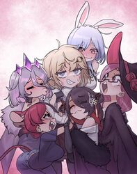  6+girls animal_ears black_hair black_wings blonde_hair blue_hair blush butt_crack closed_eyes commentary demon_horns english_commentary glasses grey_hair grin harem hat heart heart_in_eye highres hololive hololive_english horns imminent_kiss lipstick_mark lipstick_mark_on_face looking_at_viewer mama_mori mama_rat_(hakos_baelz) mamarissa momseki_(koseki_bijou) mouse_ears mouse_girl multiple_girls pekomama pink_hair rabbit_ears rabbit_girl smile symbol_in_eye virtual_youtuber watson_amelia watson_amelia_(1st_costume) wings witch_hat yuri zedd_(zedgawr) 