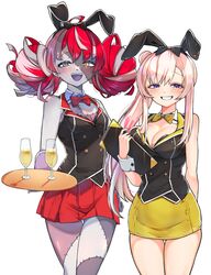  2girls :d absurdres airani_iofifteen alternate_costume animal_ears blush bow bowtie breasts bunny_garden buttons champagne_flute cleavage colored_skin commentary cowboy_shot cup double-breasted double_bun drinking_glass english_commentary fake_animal_ears gradient_hair grey_hair grey_skin grin hair_bun hair_ornament heterochromia highres holding holding_tray hololive hololive_indonesia hostess kghazir kureiji_ollie long_hair looking_at_viewer medium_breasts multicolored_hair multicolored_skin multiple_girls nontraditional_playboy_bunny open_mouth patchwork_skin pink_hair purple_eyes rabbit_ears red_eyes red_hair side_ponytail simple_background skirt small_breasts smile stitched_face stitches tray vest virtual_youtuber white_background wrist_cuffs yellow_eyes zombie 