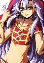  akane_kazami bracelet breasts choker commission crop_top dated double-parted_bangs earrings eiyuu_densetsu female fie_claussell floating_hair green_eyes hair_between_eyes highres jewelry long_hair navel sen_no_kiseki sen_no_kiseki_iii signature skeb_commission small_breasts smile solo white_hair 