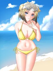  absurdres ahomushi994 beach bikini blonde_hair blue_eyes commission female girls&#039;_frontline goggles goggles_on_head gun highres pixiv_commission rifle self-upload swimsuit vrb_(girls&#039;_frontline) weapon yellow_bikini 