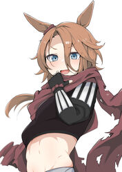  absurdres alternate_costume animal_ears black_gloves blue_eyes blush breasts brown_hair commentary_request female fingerless_gloves gloves hair_between_eyes highres horse_ears horse_girl looking_at_viewer medium_breasts midriff narita_taishin_(umamusume) ninja open_mouth red_scarf scarf shijimi_(sijimi1917) short_hair simple_background smile solo torn_clothes torn_scarf umamusume white_background 