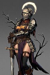  absurdres armor breasts crusader_(darkest_dungeon) darkest_dungeon female h_ikenuma helmet highres holding holding_sword holding_weapon large_breasts pauldrons red_scarf scarf shoulder_armor solo sword tabard thighhighs vambraces virtue_(darkest_dungeon) weapon 