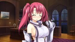  ^_^ armored_gloves atelier-moo bare_shoulders blush breasts closed_eyes closed_mouth curtained_hair detached_sleeves female hair_between_eyes highres indoors large_breasts long_hair looking_at_viewer red_hair side_ponytail sideboob smile solo spica_celest standing upper_body wizards_symphony 