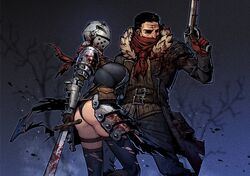  1boy absurdres armor ass bandana bandana_over_mouth blood blood_on_clothes blood_on_weapon breasts coat crusader_(darkest_dungeon) darkest_dungeon female fur-trimmed_coat fur_trim gun h_ikenuma handgun helmet highres highwayman_(darkest_dungeon) holding holding_gun holding_sword holding_weapon large_breasts pauldrons shaded_face short_hair shoulder_armor skindentation sword thighhighs torn_clothes vambraces weapon 