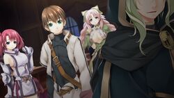  2boys 2girls alto_travers armored_gloves atelier-moo bare_shoulders belt blue_eyes braid breasts brown_hair cleavage cloak closed_mouth curtained_hair detached_sleeves green_eyes green_hair hair_between_eyes highres hood hooded_jacket jacket large_breasts long_hair long_sleeves merak_yildis multiple_boys multiple_girls narrow_waist nina_lazydaisy open_mouth pink_eyes pink_hair red_hair sad short_hair side_ponytail sideboob skirt spica_celest standing surprised twin_braids very_long_hair wizards_symphony 