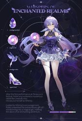  alternate_costume aqua_eyes bare_shoulders breasts cleavage detached_sleeves dress english_text equipment_layout facial_mark female floating_hair full_body glass_footwear head_wings high_heels highres honkai:_star_rail honkai_(series) jewelry long_hair long_sleeves looking_at_viewer magical_girl orb pendant purple_dress purple_footwear purple_hair robin_(honkai:_star_rail) solo standing white_dress white_wings wings zeklewa 