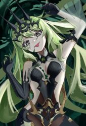  ambiguous_green_liquid arm_up armpits bare_hips bare_shoulders black_dress black_gloves breasts collar cowboy_shot crown crown_hair_ornament dark_background dress drooling female gloves green_background green_hair grey_eyes highres honkai_(series) honkai_impact_3rd long_hair looking_at_viewer mobius_(honkai_impact) naughty_face saliva see-through small_breasts smile staring tongue tongue_out very_long_hair yu_da_yu_da 