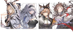  4girls ahoge animal_ears antlers arknights aurora_(arknights) aurora_(elite_ii)_(arknights) bear_ears black_dress black_jacket black_shirt blonde_hair blue_eyes blush breasts brown_eyes brown_hair candle cleavage cloak commentary crown deer_ears dress english_commentary eyjafjalla_(arknights) eyjafjalla_the_hvit_aska_(arknights) flower gauntlets hair_flower hair_ornament hairband hand_up holding holding_candle hood hood_up hooded_cloak horns jacket lab_coat large_breasts looking_at_viewer multiple_girls parted_lips purple_eyes purple_shirt red_ribbon ribbon rose sheep_ears sheep_horns shirt sidelocks simple_background upper_body vendela_(arknights) viviana_(arknights) white_background white_cloak white_flower white_hair white_jacket white_rose white_shirt zerg_(z79438659) 