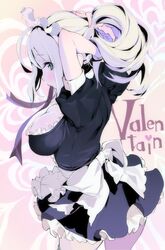  apron black_dress blush breasts cleavage dress female green_eyes highres large_breasts long_hair maid_apron maid_headdress mouth_hold original ponytail solo tinkle_bell tying_hair valentine white_apron white_hair 