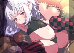  argyle_clothes argyle_thighhighs arm_up armpits asymmetrical_legwear black_bow black_panties black_shirt blurry blurry_background blurry_foreground blush bow bow_panties closed_mouth commentary_request crop_top demimushi depth_of_field female final_fantasy final_fantasy_xiv frilled_pillow frills grey_hair heart heart-shaped_pillow highres lalafell looking_at_viewer lying mismatched_legwear multicolored_hair navel on_back pagaga_vochstein panties pillow pointy_ears puffy_short_sleeves puffy_sleeves red_eyes red_hair shirt short_sleeves sleeveless sleeveless_shirt solo spread_legs streaked_hair striped_clothes striped_thighhighs thighhighs underwear vertical-striped_clothes vertical-striped_thighhighs 