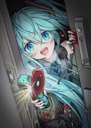  absurdres angle_grinder bag black_bag blood blood_on_clothes blood_on_hands blue_eyes blue_hair blue_nails blue_necktie blush breath collared_shirt commentary corpse door_chain dutch_angle female fingernails grey_shirt hair_between_eyes hair_ornament hatsune_miku heart heart_in_eye highres holding hymgkamui light_blush long_fingernails long_hair looking_at_viewer loose_necktie microphone nail_polish necktie open_mouth opening_door power_tool shirt shoulder_bag sparks symbol_in_eye teeth tongue very_long_hair vocaloid wide-eyed yandere 