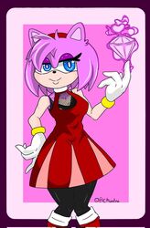  accessory amy_rose blue_eyes breasts clothing elchuydra eulipotyphlan female gem gloves hair hair_accessory hairband hand_on_hip handwear hedgehog hi_res holding_gem holding_object looking_at_viewer mammal pink_background pink_body pink_hair sega short_hair signature simple_background sonic_the_hedgehog_(series) 