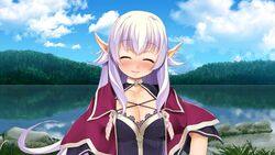  ^_^ atelier-moo black_bustier blush breasts capelet cleavage closed_eyes closed_mouth cloud collar dark_elf elf embarrassed female forest hair_between_eyes highres lake large_breasts long_hair long_pointy_ears nature pointy_ears purple_capelet purple_hair silvia_milsteen sky smile solo standing upper_body very_long_hair wizards_symphony 