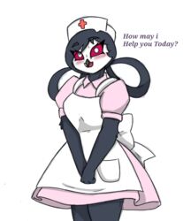  anthro avian beak bird blush clothing dialogue dress english_text female hair_loop helluva_boss hi_res nintendo nurse nurse_clothing nurse_joy nurse_uniform octavia_(helluva_boss) owl owl_demon pace-maker pink_clothing pink_dress pink_sclera pokemon solo text uniform white_eyes white_face 