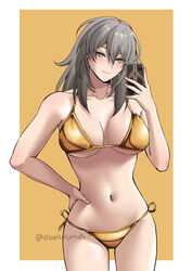  absurdres bare_arms bare_shoulders bikini blush breasts cellphone collarbone commentary cowboy_shot female grey_hair hand_up highres holding holding_phone honkai:_star_rail honkai_(series) large_breasts long_hair looking_at_viewer navel obosounds phone side-tie_bikini_bottom smartphone smile solo standing stelle_(honkai:_star_rail) stomach swimsuit trailblazer_(honkai:_star_rail) yellow_bikini yellow_eyes 