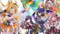  1boy 5girls :d ahoge animal_ear_fluff animal_ears armpits ather_(monmusu_td) bare_shoulders behind-the-head_headphones black_gloves black_hair blonde_hair blue_eyes blush breast_curtain breasts brown_eyes carrying_bag cleavage clenched_hands cloak demon_wings frilled_skirt frills gloves green_eyes hair_intakes hair_over_one_eye hair_ribbon headphones headset highres holding holding_microphone idol light_brown_hair long_hair looking_at_another low_twintails lupupu_(monmusu_td) master_(monmusu_td) medium_breasts microphone mini_person minigirl miniskirt monster_musume_td multiple_girls oerba_yun_fang official_art one_eye_covered pannier_(monmusu_td) pink_eyes pink_hair ribbon second-party_source showgirl_skirt skin_fang skirt smile spiked_wings tantalum_(monmusu_td) thick_eyebrows twintails two_side_up underboob vivi_vache_(monmusu_td) white_gloves white_wings wings 