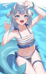  :d absurdres arm_up bikini blue_bracelet blue_eyes blue_hair blush bracelet check_commentary commentary_request female fins fish_tail flat_chest gawr_gura grey_hair hair_ornament hand_up highres hololive hololive_english horizontal-striped_bikini jewelry long_hair looking_at_viewer midriff multicolored_hair navel open_hand open_mouth pendora1022 shark_girl shark_hair_ornament shark_tail sharp_teeth side-tie_bikini_bottom sitting smile solo streaked_hair swimsuit tail teeth thigh_gap thigh_strap two-tone_hair v-shaped_eyebrows virtual_youtuber water wet 