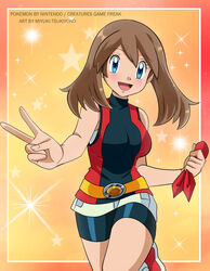  adapted_costume bandana bare_arms bike_shorts blue_eyes blush breasts brown_hair female highres looking_at_viewer may_(pokemon) miyuki_tsukiyono pokemon pokemon_(anime) pokemon_rse_(anime) red_bandana smile solo sparkle star_(symbol) unworn_bandana v 