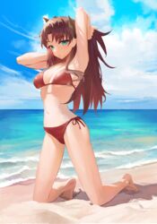  :o absurdres armpits arms_up beach bikini blue_eyes blue_sky breasts brown_hair cloud commentary day derivative_work fate/stay_night fate_(series) female full_body hair_ribbon halterneck highres kneeling long_hair looking_at_viewer medium_breasts navel outdoors parted_lips pat_bharasarn red_bikini ribbon sand side-tie_bikini_bottom sky solo stomach strap_gap string_bikini swimsuit thighs tohsaka_rin 