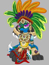  2023 3:4 anthro aztec ceremonial claws elchuydra facial_paint feathered_headdress female finger_claws generation_4_pokemon grey_background hi_res hina_(elchuydra) jewelry looking_at_viewer lucario mesoamerican nintendo pokemon pokemon_(species) purple_eyes simple_background sitting sitting_on_ground smile smiling_at_viewer solo 