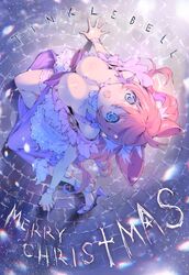  blue_eyes breasts christmas cleavage commentary_request dress female from_above high_heels highres kneeling large_breasts long_hair looking_at_viewer merry_christmas open_mouth original pink_hair snowing solo tinkle_bell wrist_cuffs 