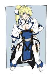  black_gloves blonde_hair blue_eyes breasts detached_sleeves ebi_pri_shrimp female fingerless_gloves genderswap_(mtf) gloves guilty_gear guilty_gear_xrd highres holding holding_sword holding_weapon ky_kiske kyko large_breasts long_hair looking_at_viewer magnolia_eclair_ii pelvic_curtain ponytail rule_63 simple_background sword tail tail_ornament thighhighs weapon white_thighhighs 