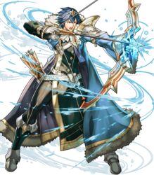  1boy arrow_(projectile) aura belt blue_eyes blue_hair boots bow_(weapon) chrom_(crowned_exalt)_(fire_emblem) chrom_(fire_emblem) fire_emblem fire_emblem_awakening fire_emblem_heroes full_body fur_trim gloves highres hino_shinnosuke male_focus non-web_source official_alternate_costume official_art open_mouth quiver solo sparkle teeth tiara transparent_background weapon 