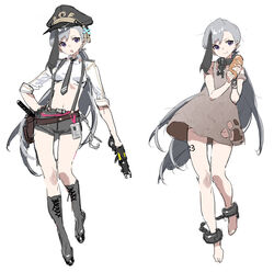  absurdres azur_lane boots bread collar commentary concept_art female food full_body grey_hair hat highres long_hair looking_at_viewer minsk_(azur_lane) minsk_(thunderous_jailor)_(azur_lane) multiple_views no_panties official_alternate_costume police police_hat police_uniform ponytail purple_eyes rags shisantian shorts simple_background symbol-only_commentary uniform variations white_background 