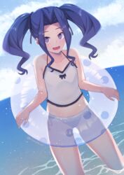  beach bikini black_bikini breasts camisole cloud day drill_hair drill_sidelocks female forehead hair_intakes highres innertube long_hair melty_q_melromarc nekokyun ocean open_mouth outdoors purple_eyes purple_hair ribbon side-tie_bikini_bottom sidelocks sky small_breasts smile solo summer swim_ring swimsuit tate_no_yuusha_no_nariagari thighs twintails wading white_camisole 