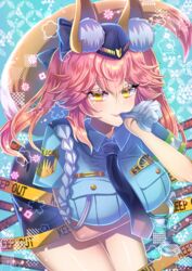  animal_ear_fluff animal_ears blue_ribbon breasts cuffs fate/extella fate/extella_link fate/extra fate_(series) female female_service_cap fox_ears fox_girl fox_tail hair_ribbon handcuffs hat large_breasts looking_at_viewer merichi_(ogaomega) necktie official_alternate_costume pink_hair police police_badge police_hat police_uniform policewoman ribbon solo tail tamamo_(fate) tamamo_no_mae_(fate/extra) tamamo_no_mae_(police_fox)_(fate) uniform yellow_eyes 