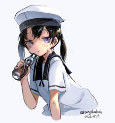  black_hair black_sailor_collar bottle dated dress female hat highres kangoku_kou kantai_collection one-hour_drawing_challenge purple_eyes sailor_collar sailor_dress sailor_hat short_hair short_sleeves shounan_(kancolle) simple_background solo twintails twitter_username upper_body white_background white_dress white_hat 