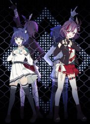  4girls absurdres animal_ear_fluff animal_ears arm_up back-to-back belt black_jacket blue_bow blue_eyes blue_hair blue_nails blue_neckwear bow bracelet chain-link_fence chibirisu choker collared_shirt diamond_(shape) epaulettes fake_animal_ears fence fingerless_gloves from_behind full_body gloves hair_ornament hairclip hand_on_own_hip height_difference highres jacket jewelry leather leather_jacket long_sleeves multicolored_hair multiple_girls nail_polish official_art one_side_up open_clothes open_jacket open_mouth own_hands_together pleated_skirt pointing pointing_up prismplus purple_hair rabbit_ears red_eyes red_hair red_nails red_skirt rettou_joutou_(vocaloid) rukiroki sasugano_ruki shirt short_hair skirt smile streaked_hair tenjin_kotone thighhighs tied_shirt toeless_footwear virtual_youtuber white_shirt white_skirt zettai_ryouiki 