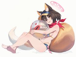  animal_ear_fluff animal_ears ball bare_legs barefoot beachball bikini blue_archive blue_shorts blush breasts brown_eyes crossed_ankles female fox_ears fox_girl fox_tail from_side full_body gesoking hair_between_eyes halo highres holding holding_ball holding_beachball izuna_(blue_archive) izuna_(swimsuit)_(blue_archive) looking_at_viewer medium_breasts micro_shorts navel open_mouth pink_halo short_hair shorts solo striped_bikini striped_clothes swimsuit tail visor_cap 