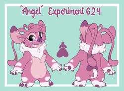  2020 alien alternate_form angel_(lilo_and_stitch) antennae_(anatomy) azrael_(blushbaker) black_sclera blue_border blushbaker border chest_tuft claws disney english_text experiment_(lilo_and_stitch) female female_(lore) fur hair lilo_and_stitch markings pink_body pink_eyes pink_fur pink_hair pink_markings semi-anthro sharp_teeth solo standing teeth text toe_claws tuft white_body white_fur white_markings 